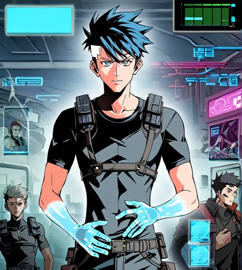 1boy, male, cool boy, Black short hair, style is combines a dark cyberpunk atmosphere, a digital aesthetic, and neon holograms. characters are half AI, half human, and live in the liminal space between reality and the network.  avatars of minds that have g...