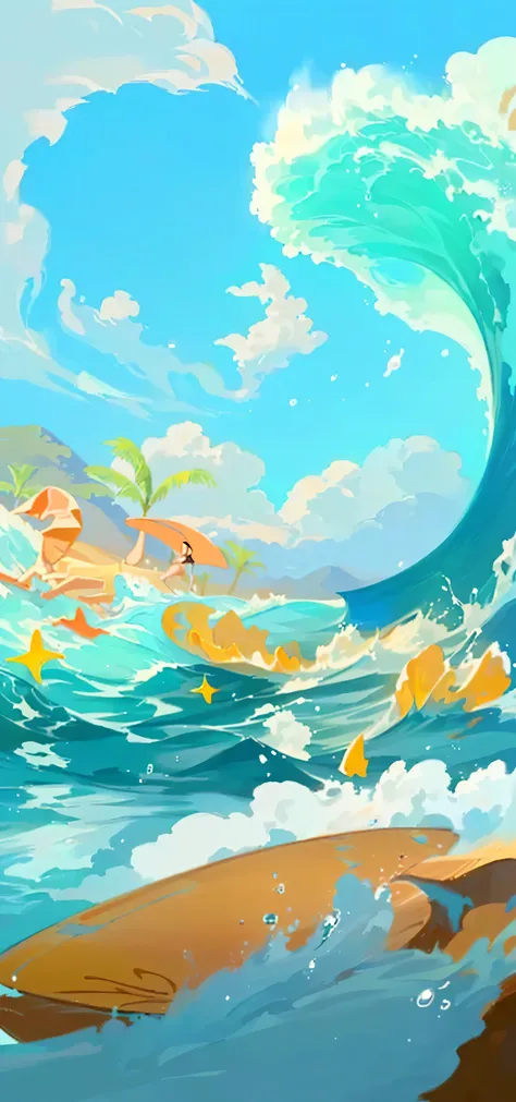 cartoon illustration of a surfer riding a wave on a surfboard, background art, background artwork, inspired by Cyril Rolando, dream wave aesthetic, in style of cyril rolando, a beautiful artwork illustration, cyril rolando and goro fujita, summer swimming ...
