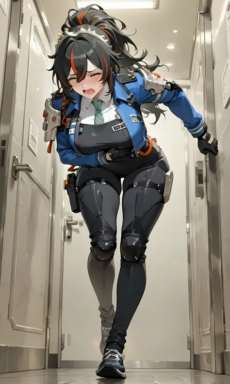 1woman, a female in a navy pants and blue coat approaching a white bahtroom stall door with one hand out, one hand on the ass, 1girl, ass, streaked hair, black hair, breasts, multicolored hair, open mouth, gloves, pants, solo, closed eyes, red hair, holste...