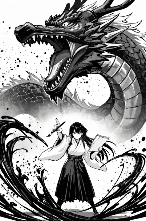 a strong-willed high school girl with anime style wearing a hakama, holding a brush and paper, pointing the brush toward the viewer,  detailed face, 

a large dragon behind her in traditional Japanese sumi-e ink painting style with  black and white, smoky ...