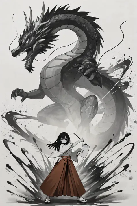 a strong-willed high school girl with anime style wearing a hakama, holding a brush and paper, pointing the brush toward the viewer,  detailed face, 

a large dragon behind her in traditional Japanese sumi-e ink painting style with  black and white, smoky ...