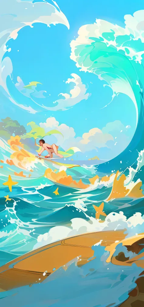 cartoon illustration of a surfer riding a wave on a surfboard, background art, background artwork, inspired by Cyril Rolando, dream wave aesthetic, in style of cyril rolando, a beautiful artwork illustration, cyril rolando and goro fujita, summer swimming ...
