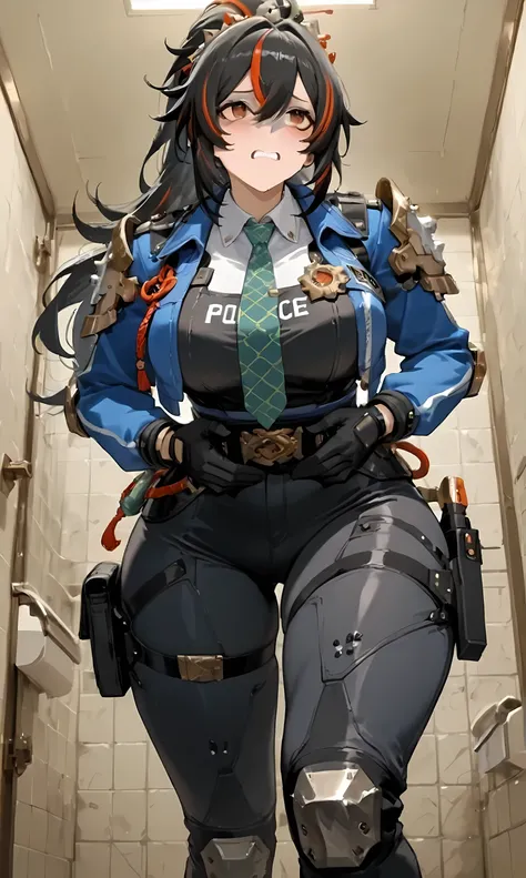 1woman, a female in a navy pants and blue coat approaching a white bahtroom stall door with one hand out, one hand on the ass, 1girl, ass, streaked hair, black hair, breasts, multicolored hair, open mouth, gloves, pants, solo, closed eyes, red hair, holste...