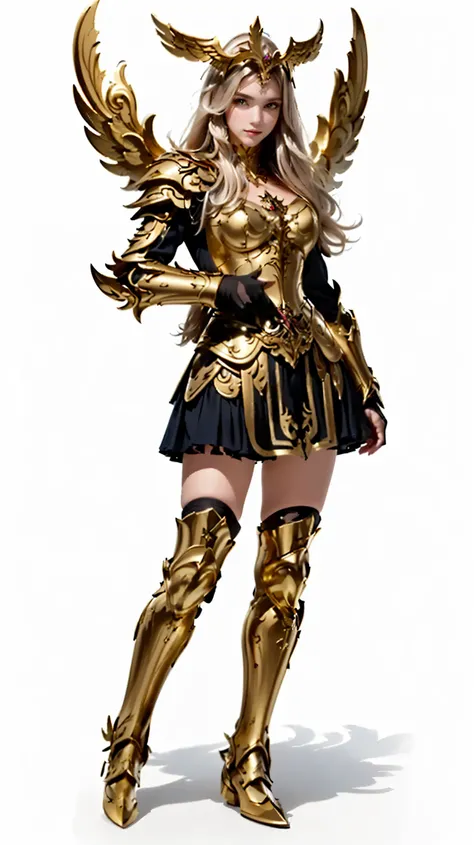 A close up of one in a dress holding a sword, Angelic Golden Armor , ornate white and gold armor, intricate white and gold armor, pretty female cleric,  image of female champion , garota de armadura, shiny golden armor,  Mechanized Valkyrie , NPC with sain...