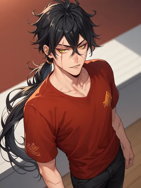 Anime man with thin black hair, yellow sharp eyes, emotionless and cold personality. Has one orange highlight, solo, blurry background, angle view, long hair, low ponytail, red loose shirt, black pants, scar on lip