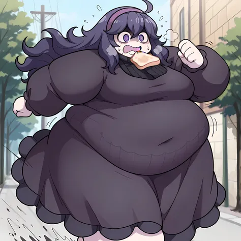 masterpiece, best quality, amazing quality,,  hex maniac, hairband, messy hair, purple eyes, purple hair, purple hairband, @ @, mature female, breasts, anime screencap,,  food in mouth running, food in mouth, running, bread, bread slice, food, toast in mou...