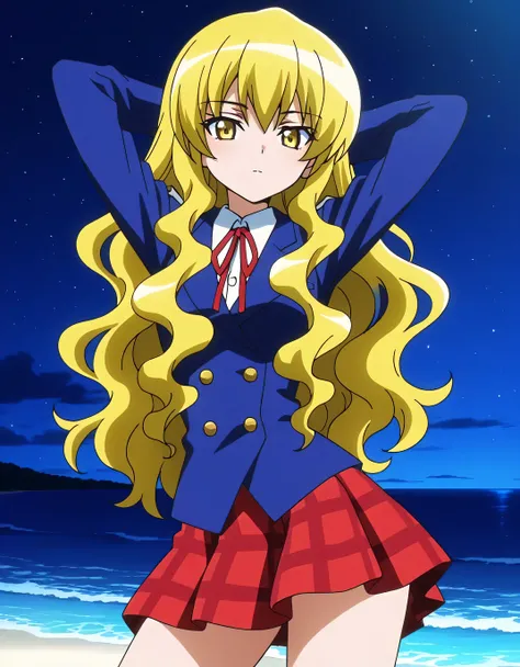 ARCkuchinashi, blonde hair, long hair, wavy hair, hair over breasts, yellow eyes, red neck ribbon, school uniform, blue jacket, white collared shirt, red plaid skirt, anime screencap, high quality, closed mouth, solo, cowboy shot, night sky, beach, hands b...