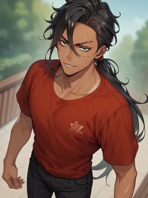 Anime man with thin black hair, green sharp eyes, emotionless and cold personality. Brown colored skin, tan skin, Has one orange highlight, solo, blurry background, angle view, long hair, low ponytail, red loose shirt, black pants, scar on lip