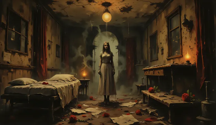 Sanitarium, nurse, beautiful face, big breasts, perfect breasts, cleavage, perfect body, blood, dark art, blood on the walls and floor, abandoned, surreal horror, dilapidated Hospital hallway background, sexy, seductive, high detail, masterpiece.