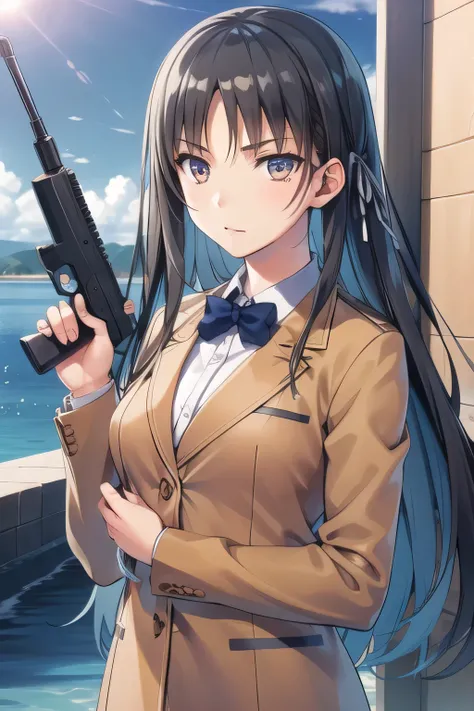 's face, which is big but has a 細い腰, もっと繊細に ，Can you draw a 図 holding a gun in person,Can you draw a 図 holding a gun，ライフルを構えて戦う図を描けますか，図，建物内部，   私は長い黒髪です，より繊細な表情を描いてください，, ,   大きな胸, 細い腰 ， ,   ，顔は絶対に必要です，彼女の手と足を正確に説明してください，校舎内，