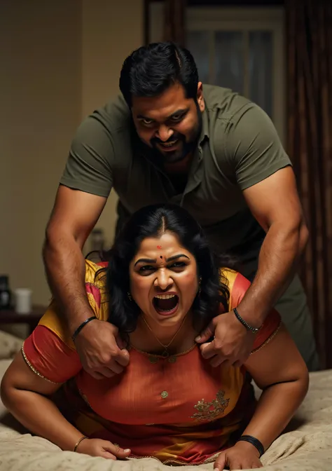 An Indian woman, medium pluse size busty look in bed room bend over and crying loudly and her drunken husband is standing behind her pushing her hard and laughing background blur