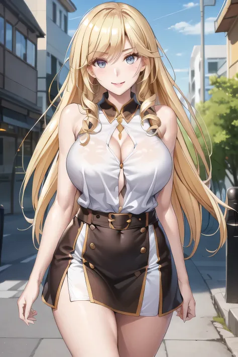 draw big breasts even more big breasts，Only one，He's Walking，Big breastsをさらにBig breastsに描いて下さい，White Sleeveless Blouse、青色のminiskirtは描けますか,can you draw blondes，Big breastsでもウエストが細い，Faces are very important，miniskirt，nice smile，，Walking Alone，           city...