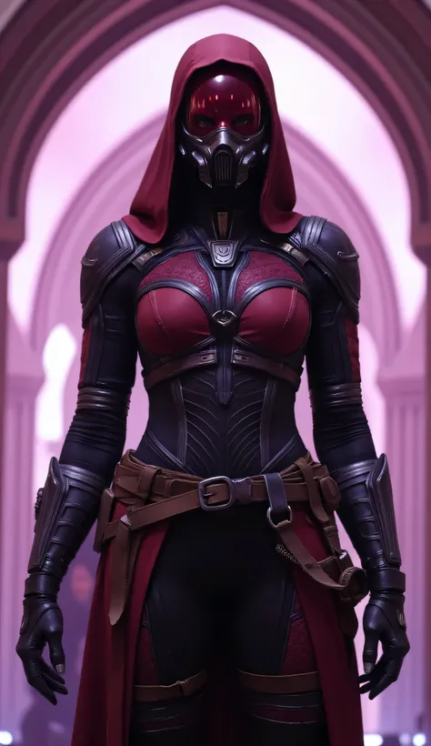 Deborah Ann Woll as Tali Zorah, futuristic character, sci-fi setting, tight detailed red and black bodysuit, intricate patterns and armor elements, full helmet with a reflective transparent red visor and a built-in breathing apparatus, deep hood with subtl...