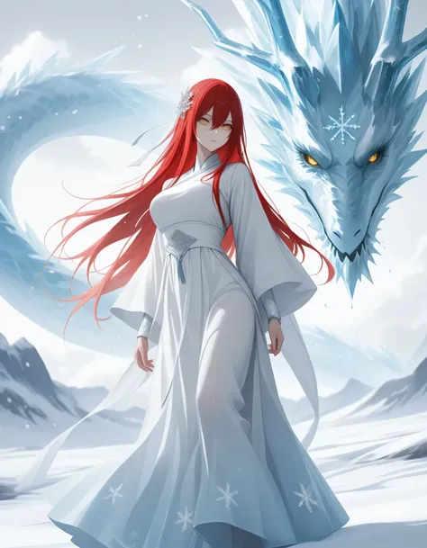 {white theme},muted color, 1 girl , golden eyes , very long hair , long sidelocks, red hair , petite , very cute , beautiful ,Straight hair, cool, handsome, hair between eyes, mediumlarge breast
, solo, alone, hair ornament, wearing white chinese hanfu and...