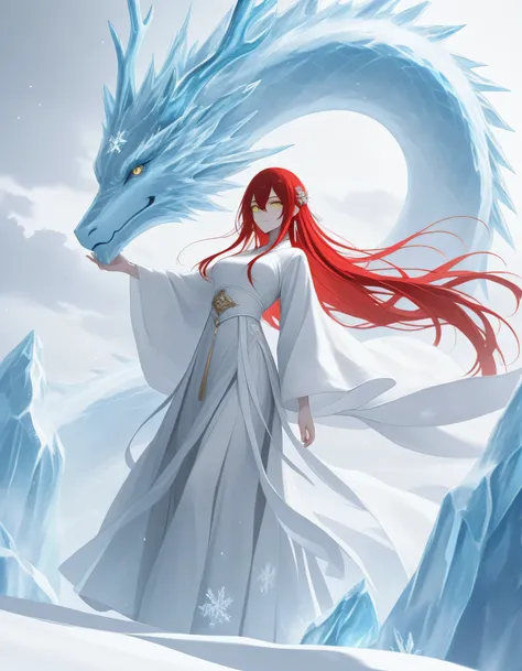 {white theme},muted color, 1 girl , golden eyes , very long hair , long sidelocks, red hair , petite , very cute , beautiful ,Straight hair, cool, handsome, hair between eyes, mediumlarge breast
, solo, alone, hair ornament, wearing white chinese hanfu and...