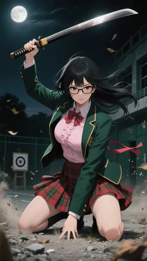 realistic anime style, cinematic drama, black-rimmed glasses tsundere student council president, busty Japanese schoolgirl in a formal dark uniform, green fitted blazer with gold trim, pale pink frilled blouse stretched over large chest, red and green plai...