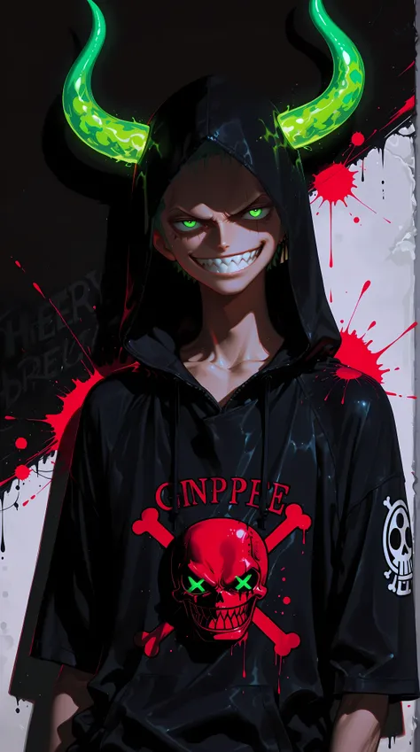 masterpiece, best quality, 8k, graphic art, t-shirt design, male, zoro, One piece , solo, shadowy figure, anonymous, wearing black hoodie, hood up, Green hair, face in shadow, demonic, Green devil horns, glowing Green eyes, x-shaped eyes, creepy smile, wid...