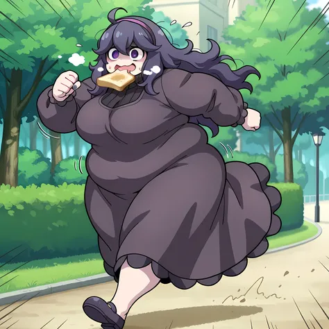 masterpiece, best quality, amazing quality,,  hex maniac, hairband, messy hair, purple eyes, purple hair, purple hairband, @ @, mature female, breasts, anime screencap,,  food in mouth running, food in mouth, running, bread, bread slice, food, toast in mou...