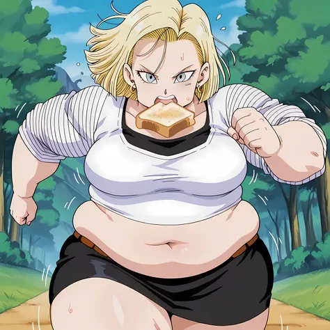 masterpiece, best quality, amazing quality,,  android 18, blonde hair, blue eyes, eyelashes, hoop earrings, short hair, earrings, mature female, medium breasts, anime screencap,  food in mouth running, food in mouth, running, bread, bread slice, food, toas...