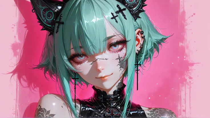  Anime girl drawing:1.4,  close-up of woman with tattoos on face and body  ,   long bangs to eyebrows   ,  Dim eyes looking at camera,   with long false eyelashes   ,  head slightly tilted up  ,  with multiple piercings  ;1,3 ,  Wearing black leather cloth...