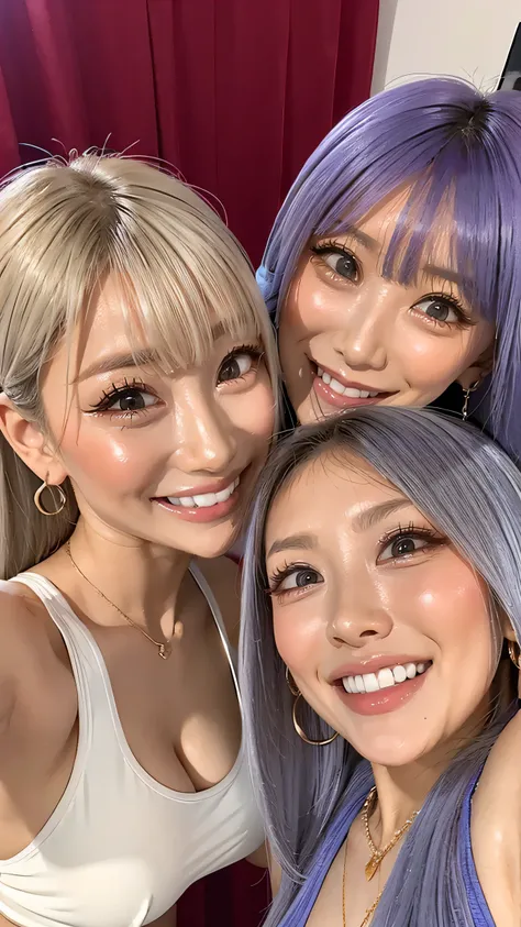 purple silver hair。3人は口を大きく開けてSurprised face、look at me。Please open your mouth wide、 Please bring your face closer to the front 、 big nipples , huge nipples ,Look at me with a Smile 、Vision、 Please collect them in the middle 、口を大きく開けてSmile 、 、Ta...