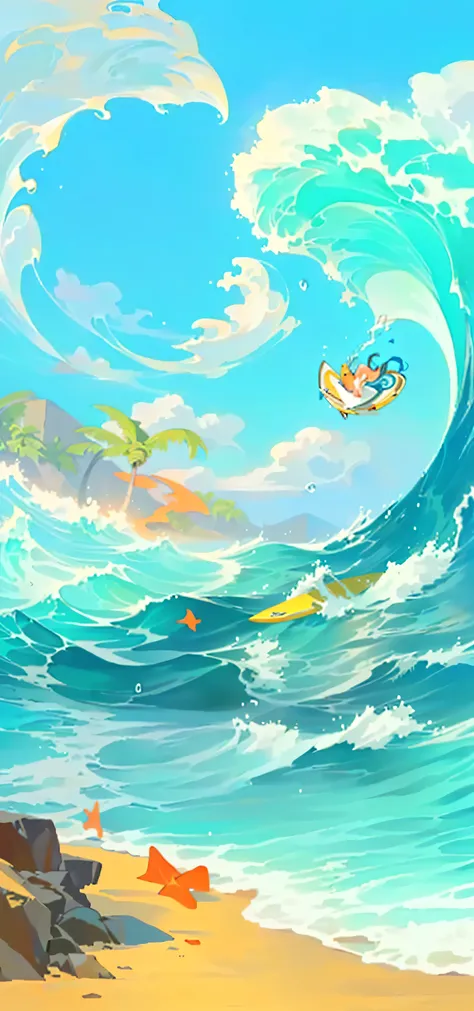 anime style painting of a  a beach with a surfboard, dream wave aesthetic, illustration pokemon, in the sea, water type, in the ocean, background art, on the ocean water, ride the wind and waves, inspired by Cyril Rolando, soaring waves, tsunami behind him...