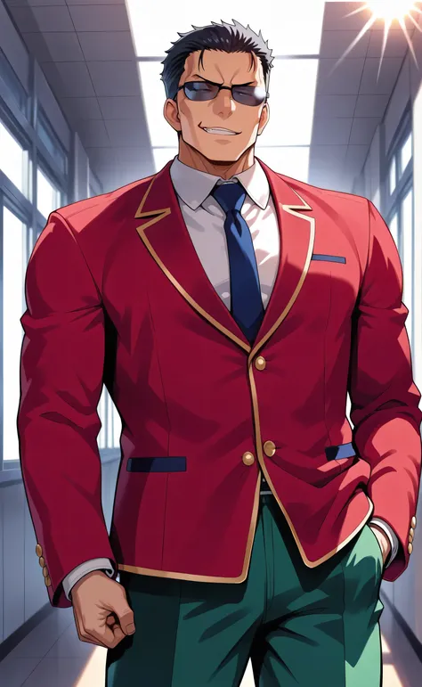 1male,solo,black hair,short hair,sun glasses,black glasses,smirk,big muscle,red blazer,white shirt,blue necktie,green pants,school,