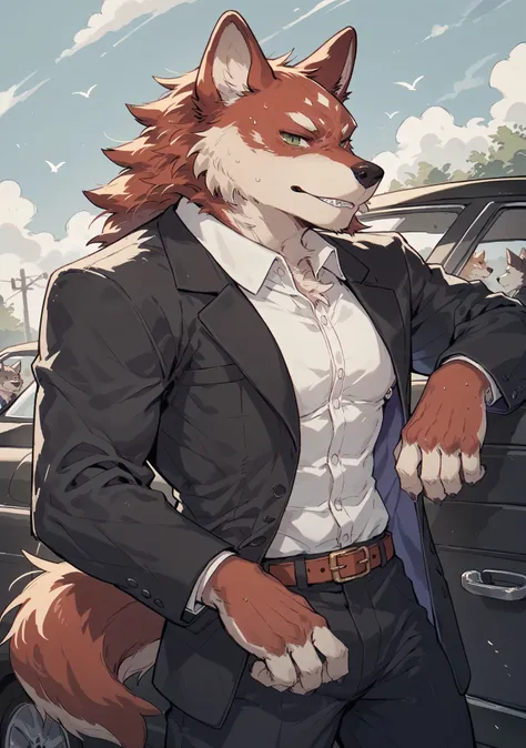 Feel, kemono ,breakpoint _9_Up,Fraction_8_Up,Fraction_7_Up,Fraction_6_Up,Fraction_5_Up,Fraction_4_Up,, Wolf, (eyes with purple pUpils), Wearing a black suit,muscles,'s only,Wolf tail，looks at the audience,red fur，green eyes,Gangster，with a black car in the...