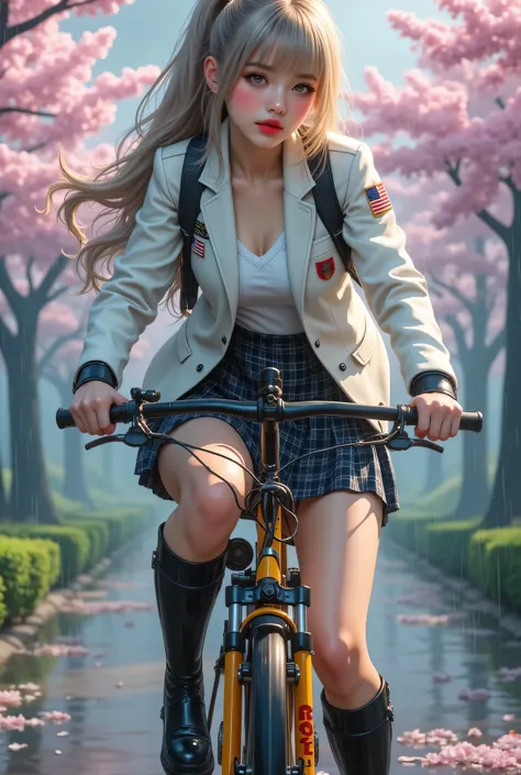 ultra fineCG Unity 8k壁紙、Highest image quality、ultra fine、masterpiece、real、フォトreal、ultra fineキュートガール、18 years old、(bicycleにスナイパーライフルを載せている女子高生)、(bicycleに乗っている)、(Smiling high school students ) )、((skirt )、((turning over myself)、(angle from slightly below to ...