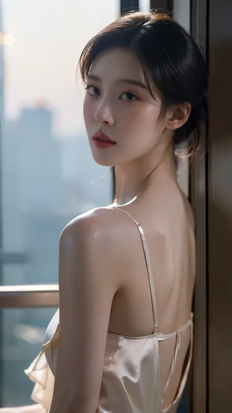 8K UHD ultra-detailed cinematic portrait, golden ratio composition, photorealistic: Ethereal diffused morning light pierces diaphanous clouds, creating dramatic rim lighting on an elegant East Asian actress (85mm lens, f/2.8). Her classical features—almond...