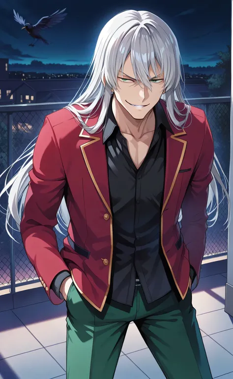 1male,solo,Gin,long hair,platinum Silver hair,green  eyes,villain,smirk,red blazer,black shirt,green pants,school,rooftop,night,crows,