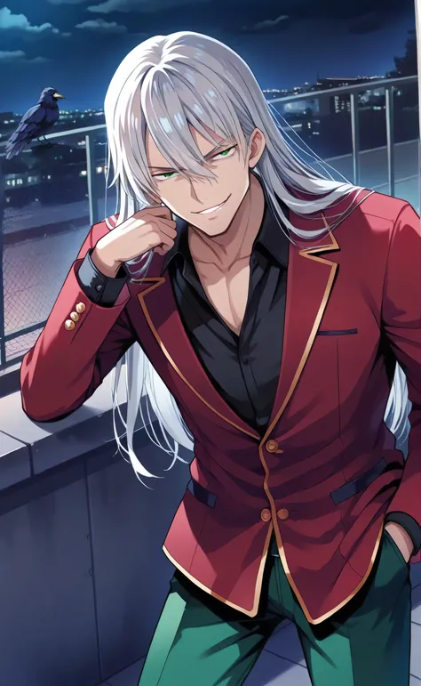 1male,solo,Gin,long hair,platinum Silver hair,green  eyes,villain,smirk,red blazer,black shirt,green pants,school,rooftop,night,crows,