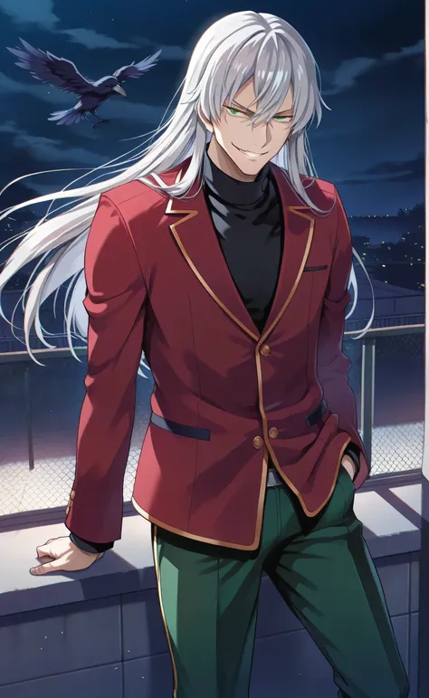 1male,solo,Gin,long hair,platinum Silver hair,green  eyes,villain,smirk,red blazer,black shirt,green pants,school,rooftop,night,crows,