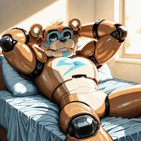 best anatomy, best quality, bara, (robot glamrockfreddy,:1.1) bear, 5 fingers, ear ring, blue eyes, black nose, blue claws ,sitting in glamrock dressing room, masterpiece, Ultra highest quality, Intricate, Ultra heavy High Detail, dramatic, realism, la...