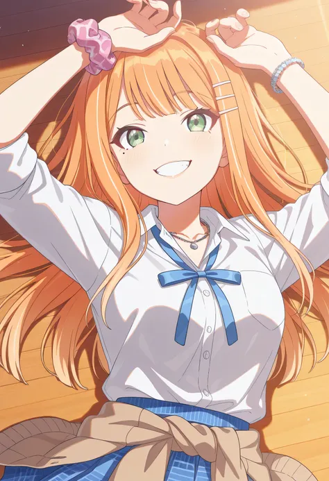 score_9, score_8_up, score_7_up,source_anime,,anime screencap,（masterpiece),(best quality),(ultra-detailed),(best illustration),(best shadow),(absurdres),(detailed background),(very aesthetic),gakumas,1girl, shiun sumika, green eyes, long hair, wrist scrun...