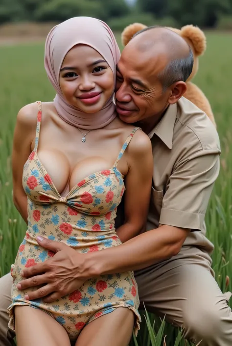 2 people, Visible female panties, Front posing, ("Facial expression in Happy big Orgasm"), KEDUA BELAH TANGAN DILETAK DIBELAKANG PUNGGUNG, Wearing flora print hijab,  (Photorealistic:1.6) ((Indonesian hijab)),   background rice paddy  . Daytime atmosphere,...