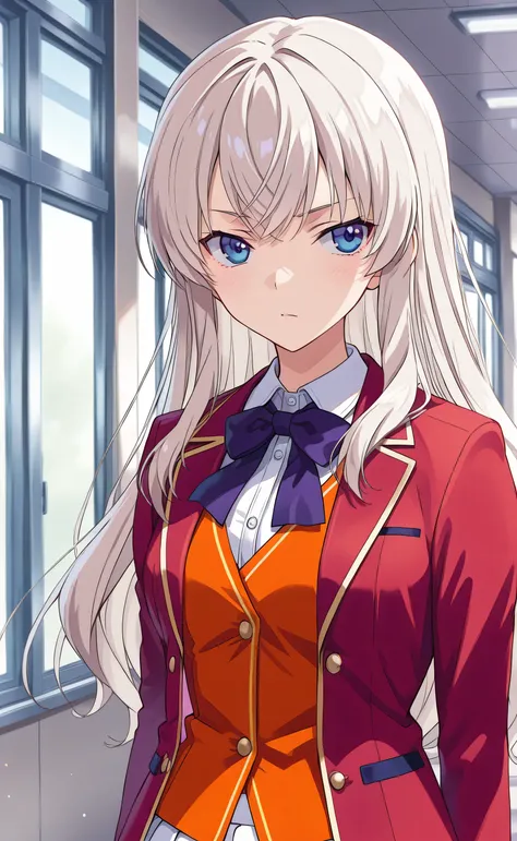 1girl,solo,Berumotto,platinum blond hair,long hair,blue eyes,purple libstick,red blazer,white shirt,purple ribbon,orange vest,white skirt,school,