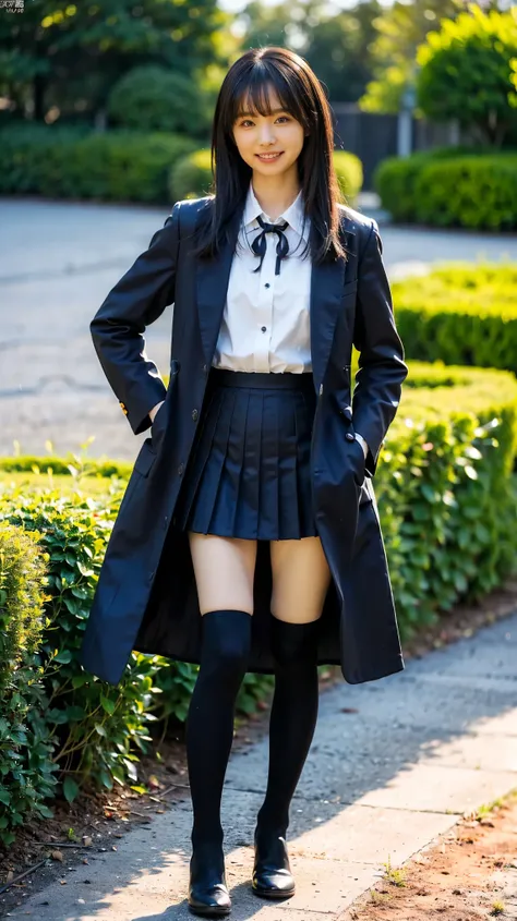 (8k、  original photo 、 hold a small knife in one hand、masterpiece:1.2)、(Realistic、Realistic)、1 person、((Black long coat 、 bracelet 、smile、 ribbon、Uniform、 shirt、  } black miniskirt 、tights、 medium length hair、 black long boots 、garden、thin legs、The whole b...