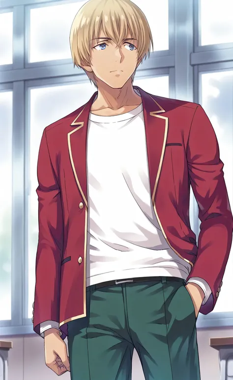 1male,solo,Amuro Tōru,short hair,blond hair,blue eyes,red blazer,white t-shirt,green pants,school,