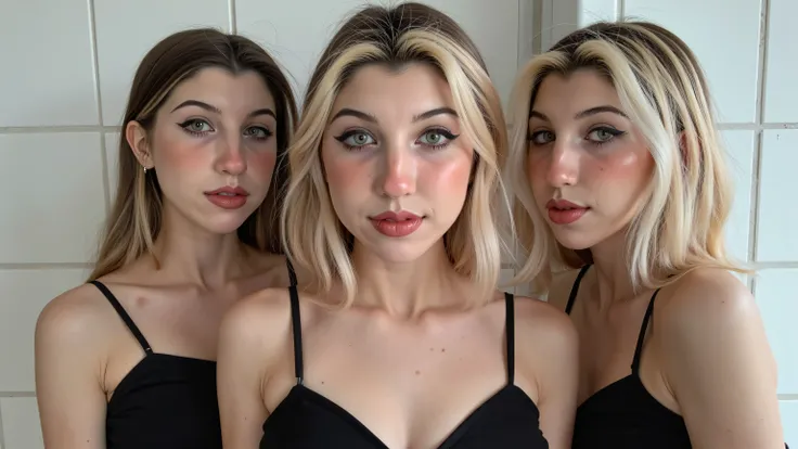 incredibly realistic group of 5 girls, This is a photograph of a young nerdy woman with fair skin, short straight blonde hair cut in a shaggy and layered style, giving her a natural and messy look. Perfect round breasts, (Big breasts), cleavage, very slim ...