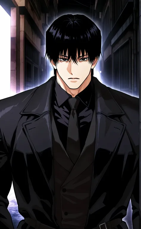 1male,solo,Touji Fushiguro,short hair,black hair,Hair between eyes,bang,Black eyes,big muscle,Black coat,Black shirt,Black Necktie,Alley,Lookism PTJ Style