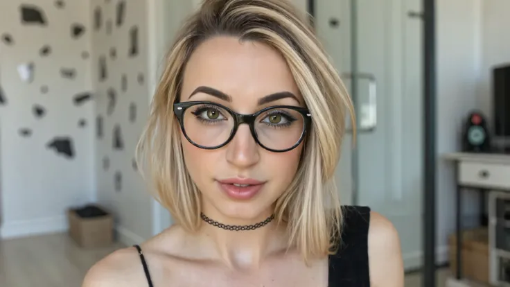 
incredibly realistic group of 5 girls, This is a photograph of a young nerdy woman with fair skin, short straight blonde hair cut in a shaggy and layered style, giving her a natural and messy look. Perfect round breasts, (Big breasts), cleavage, very slim...