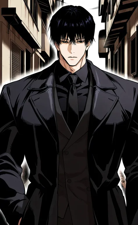 1male,solo,Touji Fushiguro,short hair,black hair,Hair between eyes,bang,Black eyes,big muscle,Black coat,Black shirt,Black Necktie,Alley,Lookism PTJ Style