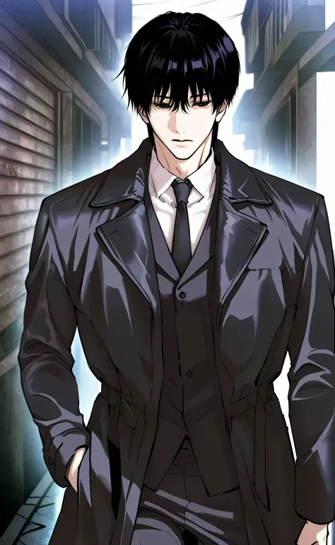 1male,solo,Touji Fushiguro,short hair,black hair,Hair between eyes,bang,Black eyes,Black coat,Black shirt,Black Necktie,Alley,Lookism PTJ Style