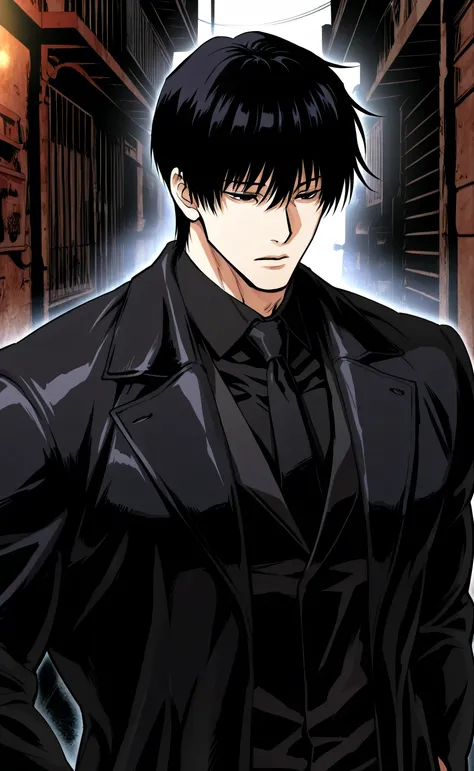 1male,solo,Touji Fushiguro,short hair,black hair,Hair between eyes,bang,Black eyes,big muscle,Black coat,Black shirt,Black Necktie,Alley,Lookism PTJ Style