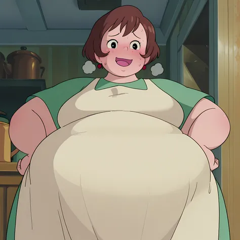1girl,solo,mm,mature female,short hair,brown hair,black eyes,earrings,anime coloring,
dress,apron,cowboy shot, hand on own hip, looking at viewer, smile,indoors
,masterpiece,best quality,amazing quality,bulging belly, fat, chubby, obese, open mouth, out of...