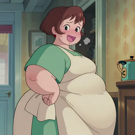 1girl,solo,mm,mature female,short hair,brown hair,black eyes,earrings,anime coloring,
dress,apron,cowboy shot, hand on own hip, looking at viewer, smile,indoors
,masterpiece,best quality,amazing quality,bulging belly, fat, chubby, obese, open mouth, out of...