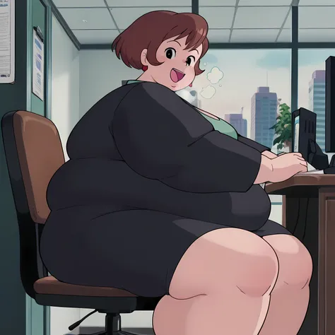 1girl,solo,mm,mature female,short hair,brown hair,black eyes,earrings,anime coloring,
formal, black suit,office lady,black skirt,sitting, on chair,office,looking at viewer, smile,indoors
,masterpiece,best quality,amazing quality, fat, chubby, obese, gigant...