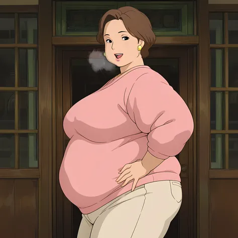 1girl,solo,mm,mature female,brown hair,black eyes,short hair,earrings,lipstick,anime coloring,
pink sweater,pants,looking at viewer, smile,indoors,hand on own hip, 
,masterpiece,best quality,amazing quality, fat, chubby, obese, gigantic arms and legs, larg...