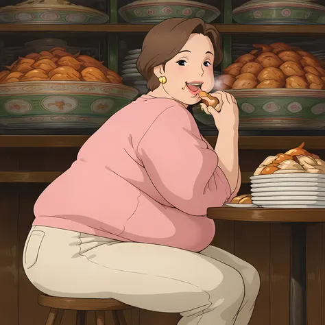1girl,solo,mm,mature female,brown hair,black eyes,short hair,earrings,lipstick,anime coloring,
pink sweater,pants,looking at viewer, smile,indoors, eating food, sitting, in front of tones of food, table, stool, happy, blush, open eyes wide, 
,masterpiece,b...